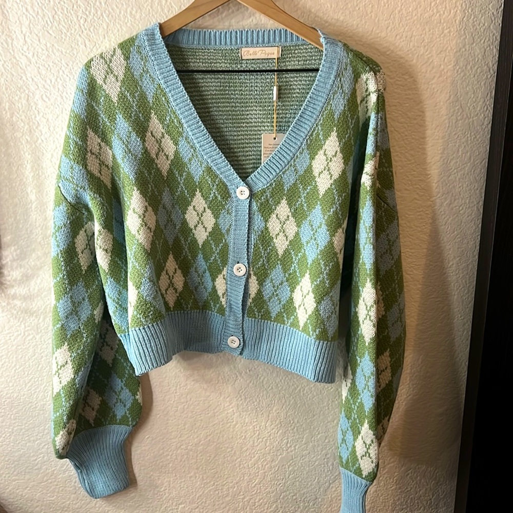 Light blue and green argyle cropped cardigan